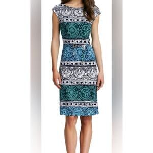 Tory Burch Medallion Print Cap Sleeve Silk Shift Dress Blue Green Stripe Medium